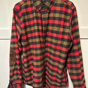 J. Crew Red and Green Checkered Shirt with Brown Patches